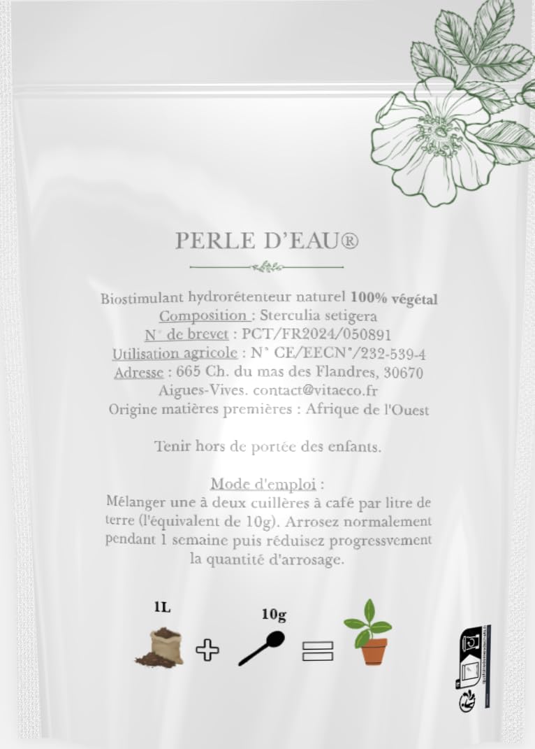 Perledeau.fr Hydrorétenteur Naturel pour Plantes (l'Unique utilisable en agro-alimentaire), Origine Végétale, Réduction Conso d'Eau 60-80%, Coup de coeur au concours solutions climat H7/SUEZ - 1 kg